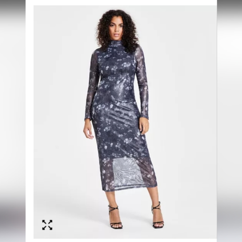 Bar III Black and Gray Foil Sheer Mock Neck Long Sleeve Bodycon Dress. NWT